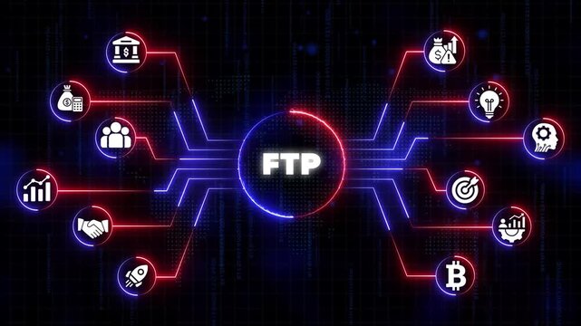 File Transfer Protocol F T P Concept with Business Finance and Technology on Neon Network Background