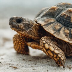 A turtle walks on the sand near the ocean with gentle waves in the background. It is a bright day with sunshine