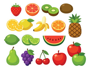 Clip art fruit set featuring fresh apples, oranges, bananas, and grapes for healthy eating illustrations