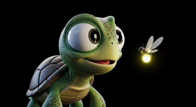 Friendly turtle character looking at firefly with curiosity and wonder