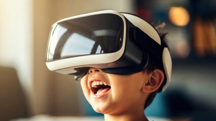 Naklejka premium Young caucasian boy enjoying virtual reality experience at home