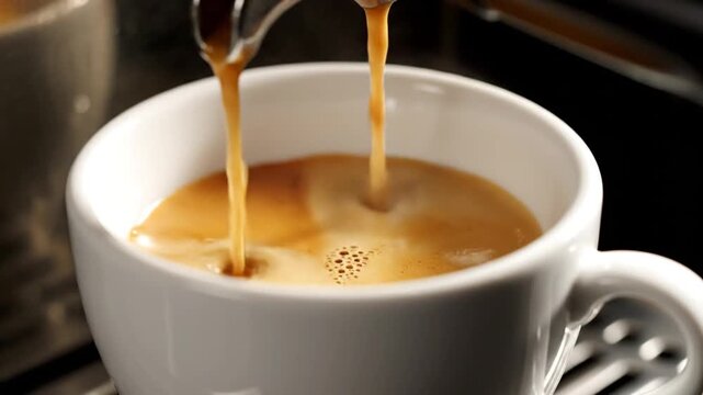 Espresso pouring into white cup, close up, hot beverage, coffee machine, morning routine