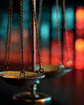 Justice scales in front of a blurred, bokeh background of red and blue lights, symbolizing legal and judicial concepts