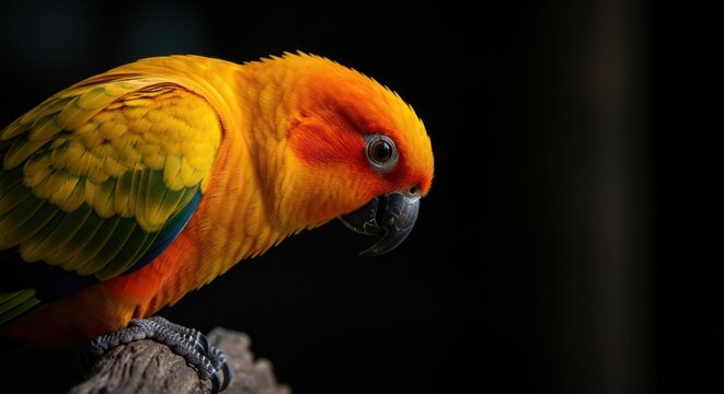 Vibrant sun conure perched on wooden branch against dark background