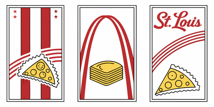 U.S, USA, US, United States - St. Louis Vector Set &ndash; Minimal Gateway Arch, Pizza, and Toasted Ravioli Illustrations, Clean Line Art Food & City Graphics for Prints and Branding
