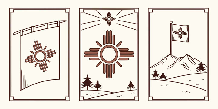 U.S, USA, US, United States - Zia Sun Symbol Vector Set &ndash; Minimal Southwestern Illustrations, Clean Line Art, Flag and Landscape Graphics for Prints, Decor, and Branding
