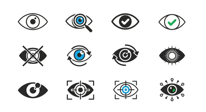 Diverse visual perception set representing sight, vision, surveillance and eye functions