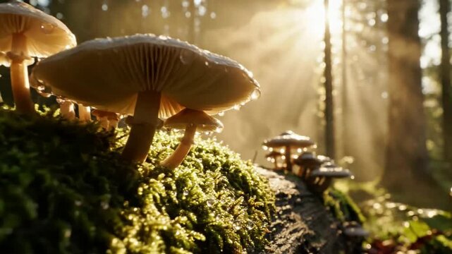 Mushrooms on mossy log in forest with sunlight filtering through trees