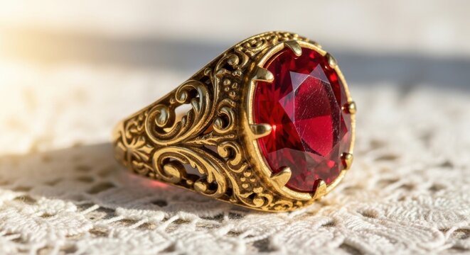 Vintage gold ring with large oval ruby gemstone on white lace