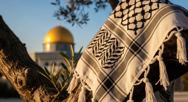 Keffiyeh draped on tree branch with Dome of the Rock in background