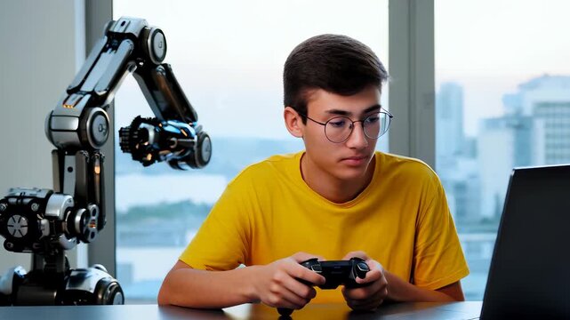 Young Man Using Game Controller with Robotic Arm in Modern Office