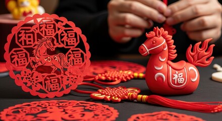Hands assembling vibrant red decorations associated with a springtime festival