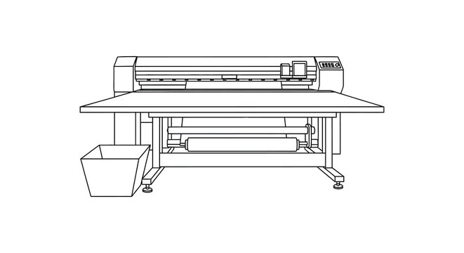 A detailed line drawing showcases a large format printer designed for industrial applications and graphic production high quality
