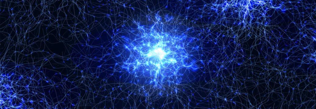 Neural Network Brain Neurone Synapse Connections Lightning Ball Energy Glow. Machine Learning Technology Background for AI Data Flow, BigData, Medical Science Research, Biotech. Vector illustration