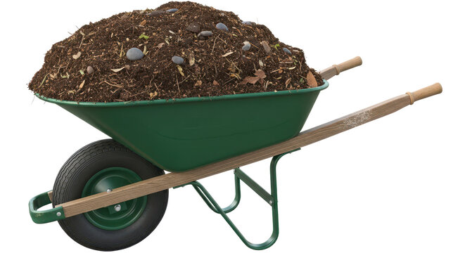 Garden wheelbarrow full of rich brown soil, compost, or dirt. Isolated on transparent background, png