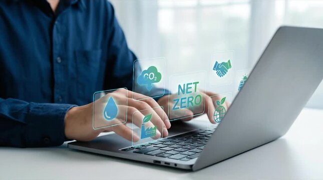 Hands Typing on Laptop with Virtual Net Zero & Sustainability Icons, Illustrating Digital Environmental Management & Eco-Friendly Business Solutions