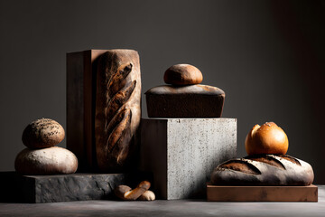 Assortment of artisan bread and pastries displayed on on black stone pedestals. Freshly baked sourdough, baguettes and seeded loaves, minimalist bakery arrangement