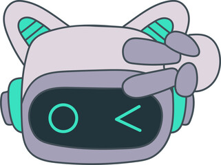 Sticker outline emoji chat-bot style face. Playfull emotion. Ai cat robotic avatar illustration