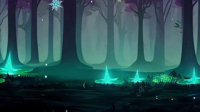 Enchanted forest at night with glowing teal mushrooms and magical sparkles in a 2D cartoon style.