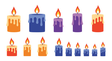 A colorful assortment of lit candles in varying shades and sizes creates a warm inviting ambiance high quality