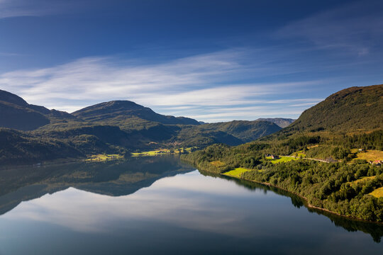 view of the idyllic and picturesque Haukedalsvatnet Lake near Sunnfjord