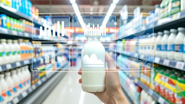 Milk Product Analysis in Supermarket: A hand holds a milk product, visualizing data overlays in a grocery store, symbolizing freshness and digital insight.