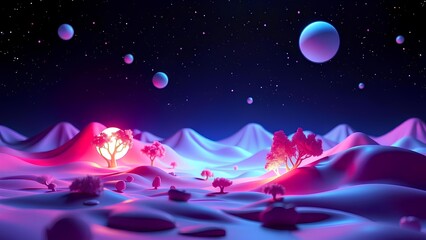 Obraz premium Surreal alien landscape with glowing trees under a starry cosmic sky with planets