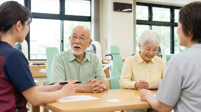 Smiling elderly couple engages in a supportive conversation with a healthcare professional and staff member at a modern senior living facility, pro...