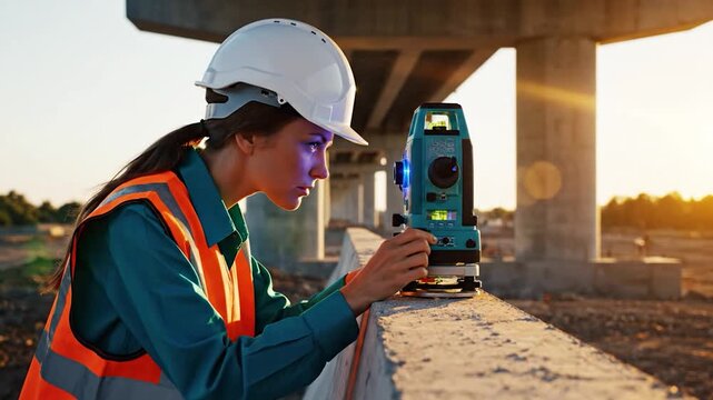 Construction professional uses surveying equipment on new infrastructure project at sunset