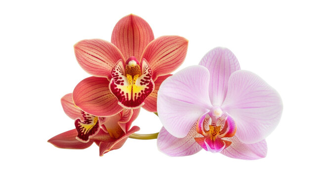 two perfect phalaenopsis orchids, coral-red and soft pastel pink, isolated on a bright white studio background, showcasing intricate crimson and yellow labellum details, pure botanical elegance