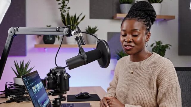 Focused young black female content creator adjusts professional broadcast microphone setup in a well-lit home studio environment for podcasting or live streaming production