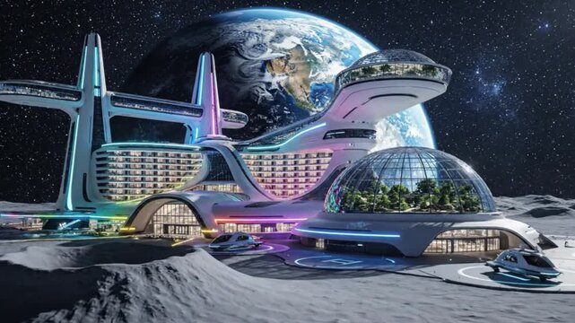 Futuristic lunar habitat concept showcases advanced space architecture with bioluminescent accents and domes situated on the moon surface near Earth.