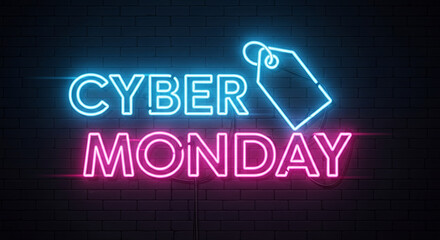 Obraz premium Cyber Monday neon sign with a shopping tag, promoting online sales and discounts.
