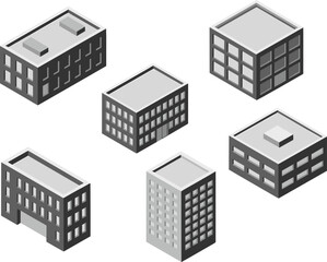Isometric gray building collection, modern office and commercial blocks, minimalist urban architecture illustration, city infrastructure elements, real estate design set, white background