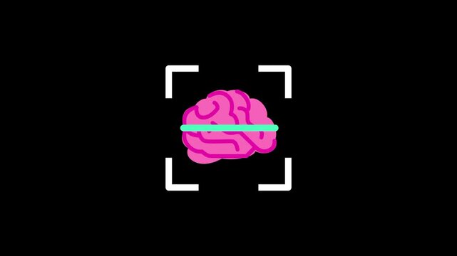 A glowing pink human brain is being scanned by a horizontal line to visualize the analysis of cognitive thought processes