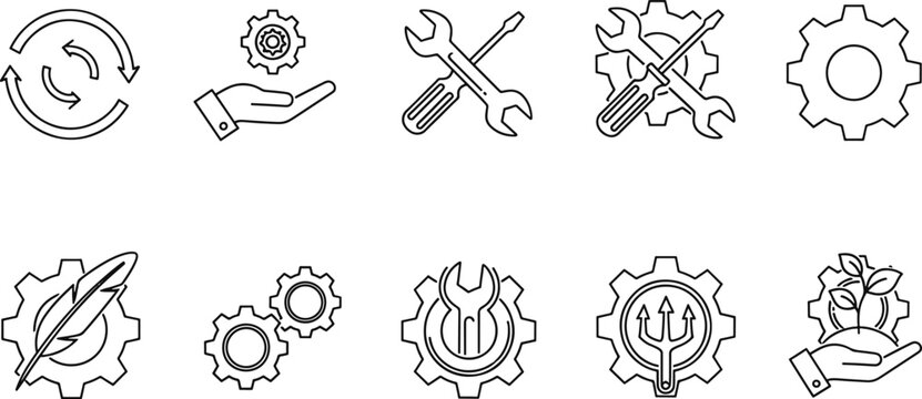 Industrial gear icons set with tools and ecology symbols for design