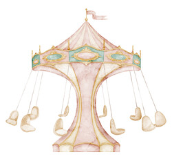 Swing carousel watercolor illustration with hanging chairs in pastel vintage style. Art of retro attraction for amusement park scenes, carnival graphics, children invitations and fairground theme. © Alisles