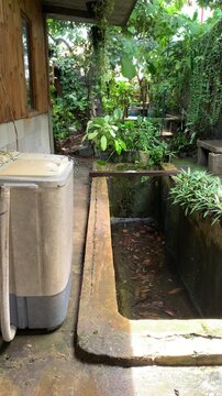 raditional outdoor laundry area with an old washing machine beside a rustic concrete pool. Authentic rural lifestyle scene, ideal for documentary, domestic realism, or Southeast Asian themes.