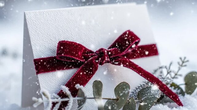 Festive Holiday Gift Card with Burgundy Velvet Bow and Falling Snow for Christmas or Winter Occasions
