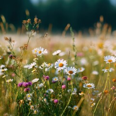 Obraz premium Bright wildflowers bloom in a grass field under clear skies during midday in summer