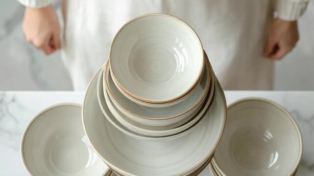 Hands arranging a stack of minimalist ceramic bowls and plates