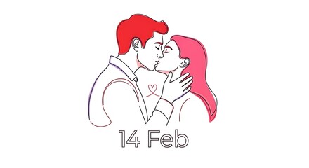 Obraz premium Minimalist line art illustration of a couple kissing, with a heart symbol and '14 Feb' text, representing love and romance.