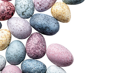 Colorful Easter holiday banner with decorated eggs flowers and spring elements leaving copy space on white background