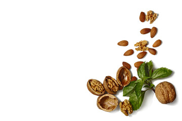 Obraz premium Mixed Nuts with Basil Leaf on White Background