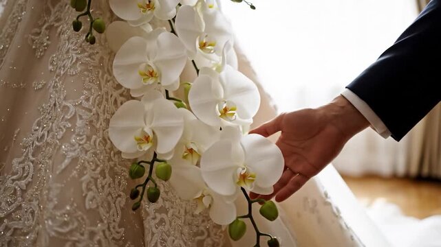 Elegant white orchid bridal bouquet wedding dress detail close up