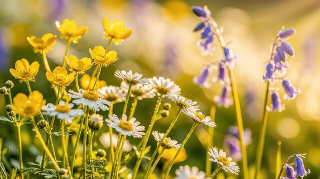 Vibrant yellow buttercups, white daisies, and purple bluebells blooming in a sunny field