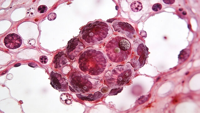 High-resolution microscopic image of lung cancer cells.