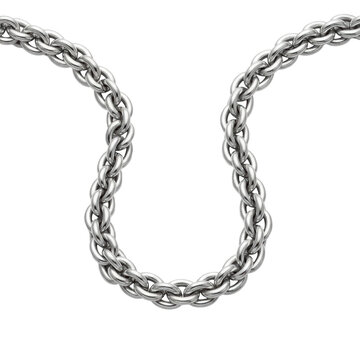 Intricately crafted sterling silver cable chain with highly polished oval links laid in a graceful u-shape on a transparent infinity background, emphasizing premium craftsmanship and luxury jewelry