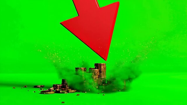 A red arrow points downward toward a small pile of coins on a vibrant green background.