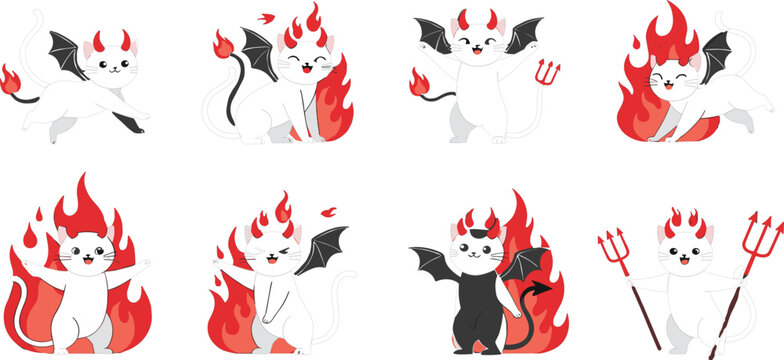 Cute Devil Cat Illustration Set with Halloween Fantasy Theme, Demon Kitty Characters, Fire Elements, Tridents, Wings, and Playful Cartoon Poses